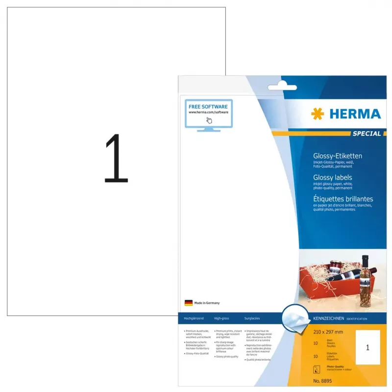 Etiqueta autocolante para impressora HERMA etiquetas brilhantes para jato de tinta A4 210x297 mm papel branco brilhante 10 unid.