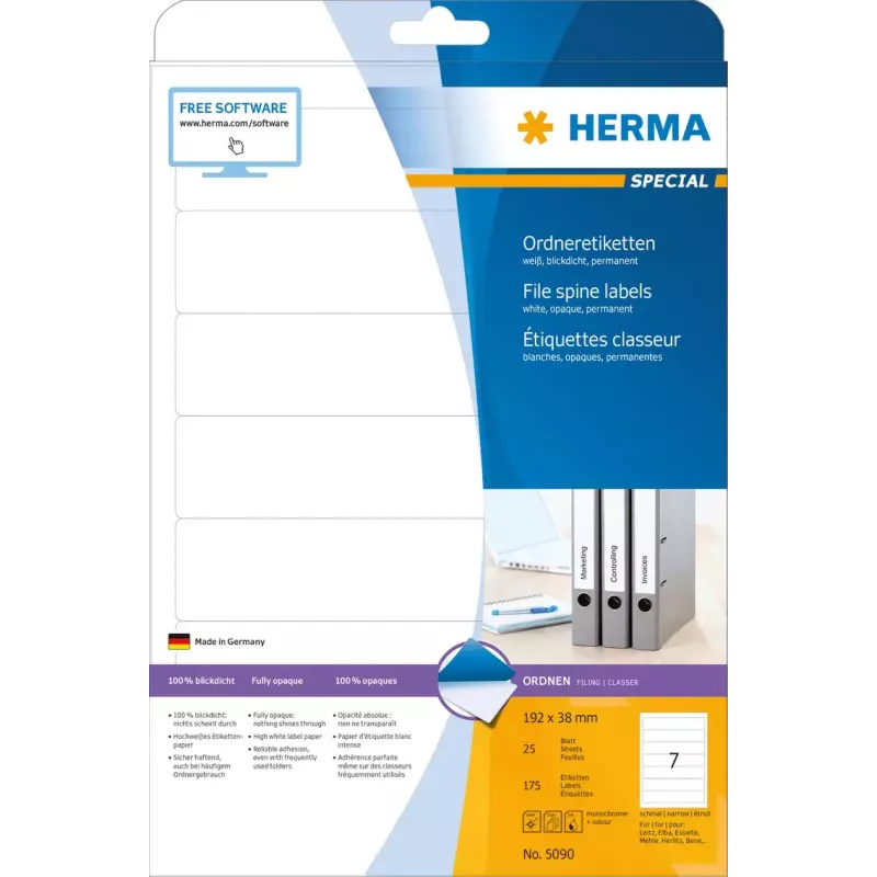 Etiquetas para lombada de dossiês HERMA A4 192x38 mm branco papel mate opaco 175 unid.