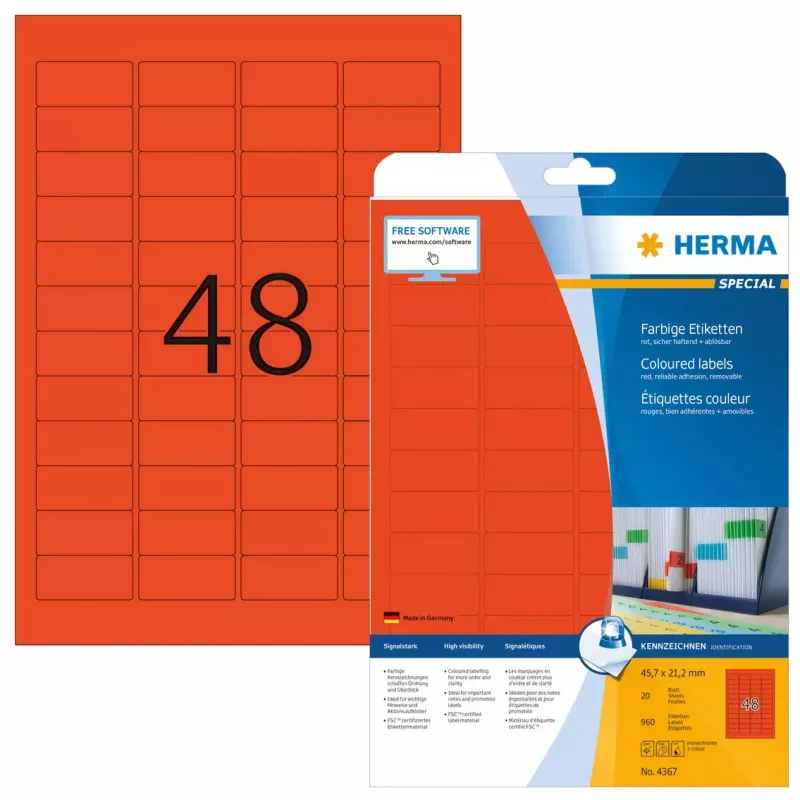 Etiquetas autocolantes para impressora HERMA Coloured Labels A4 45,7x21,2 mm vermelho
