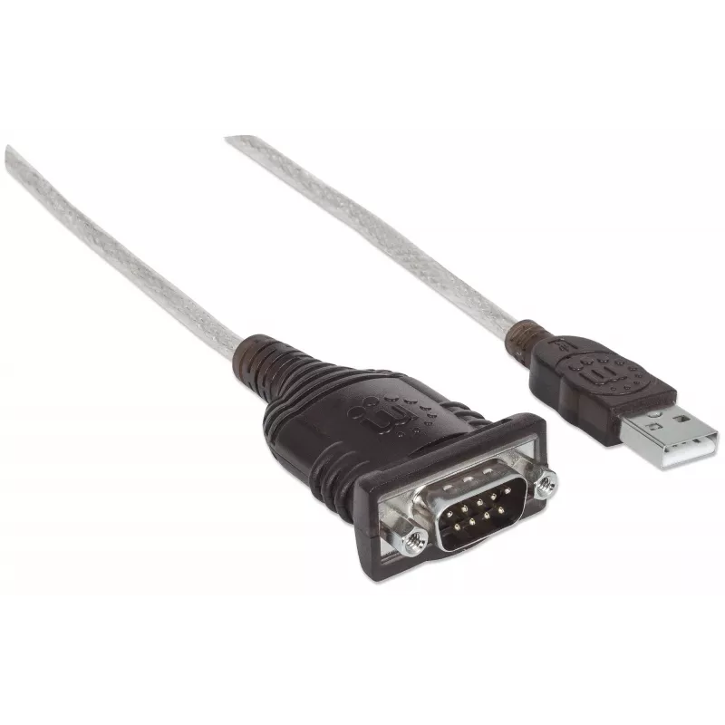 Cabo conversor Manhattan USB-A para serial, 45 cm, macho a macho, serial/RS232/COM/DB9, chip FTDI FT232RL, compatível com Windows 11 (e sistemas operativos anteriores), cabo preto/prateado, três anos de garantia, equivalente ao ICUSB2321F.