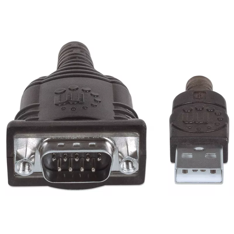 Cabo conversor Manhattan USB-A para serial, 45 cm, macho a macho, serial/RS232/COM/DB9, chip FTDI FT232RL, compatível com Windows 11 (e sistemas operativos anteriores), cabo preto/prateado, três anos de garantia, equivalente ao ICUSB2321F.