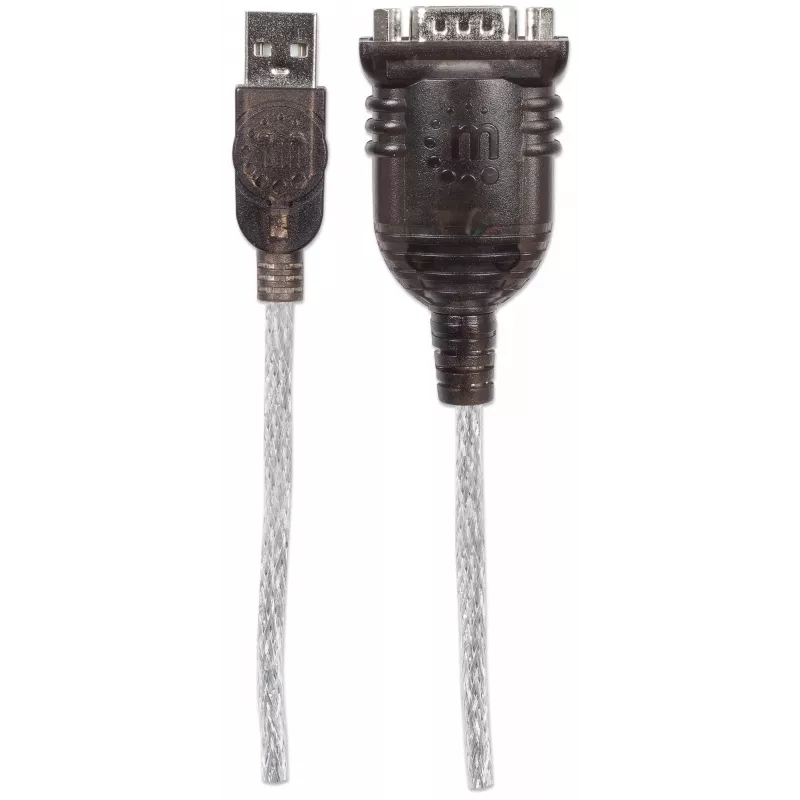 Cabo conversor Manhattan USB-A para serial, 45 cm, macho a macho, serial/RS232/COM/DB9, chip FTDI FT232RL, compatível com Windows 11 (e sistemas operativos anteriores), cabo preto/prateado, três anos de garantia, equivalente ao ICUSB2321F.