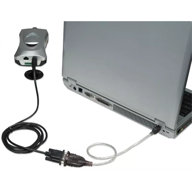 Cabo conversor Manhattan USB-A para serial, 45 cm, macho a macho, serial/RS232/COM/DB9, chip FTDI FT232RL, compatível com Windows 11 (e sistemas operativos anteriores), cabo preto/prateado, três anos de garantia, equivalente ao ICUSB2321F.