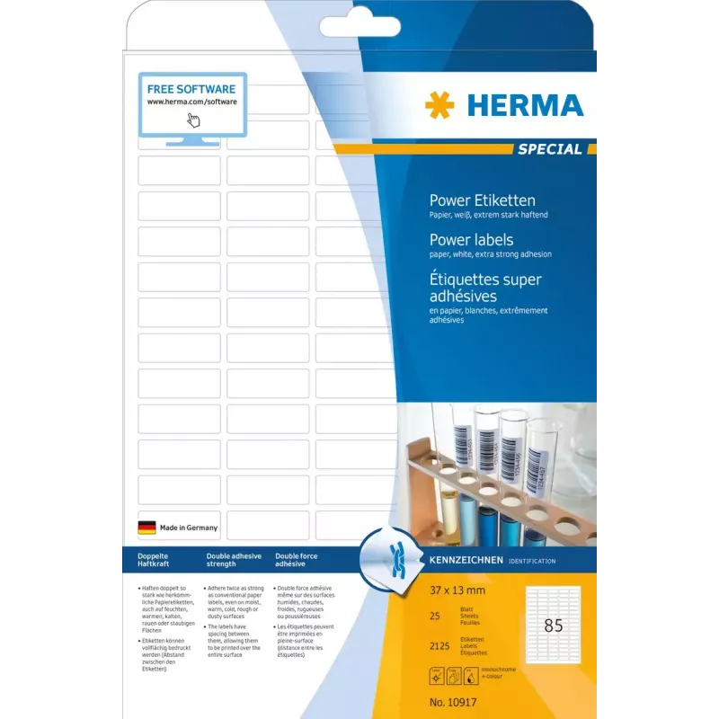 Etiquetas autocolantes para impressora HERMA A4 37x13 mm branco aderência extra forte 2125 unid.
