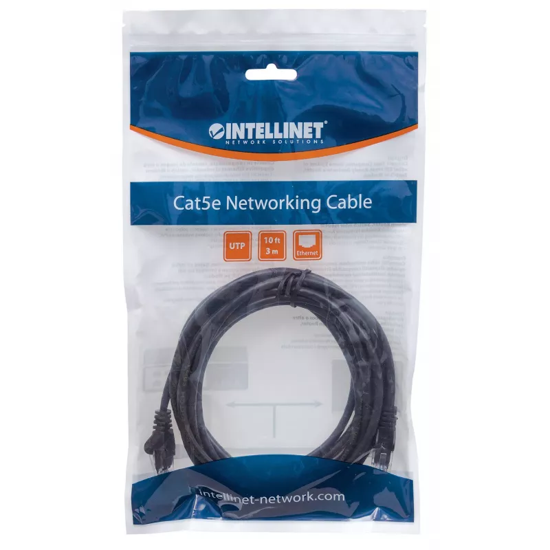 Cabo de rede patch Intellinet, Cat6, 15 m, preto, CCA, U/UTP, PVC, RJ45, contactos banhados a ouro, snagless, com alívio de tensão, garantia vitalícia