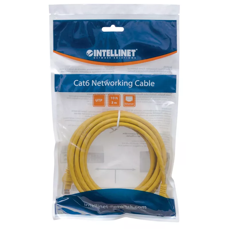 Cabo de rede patch Intellinet, Cat6, 5 m, amarelo, CCA, U/UTP, PVC, RJ45, contactos banhados a ouro, snagless, moldado, garantia vitalícia