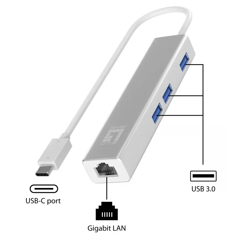 Adaptador de rede LevelOne Gigabit USB-C com hub USB, com fios, USB Type-C, Ethernet, 1000 Mbit/s, prateado
