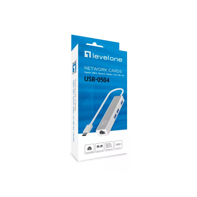 Adaptador de rede LevelOne Gigabit USB-C com hub USB, com fios, USB Type-C, Ethernet, 1000 Mbit/s, prateado