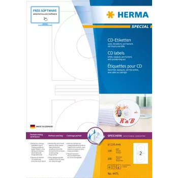 Etiquetas para CD HERMA A4 Ø 116 mm papel branco mate opaco 200 unid.