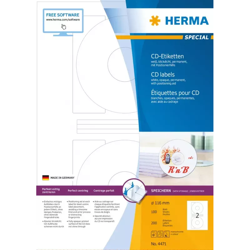 Etiquetas para CD HERMA A4 Ø 116 mm papel branco mate opaco 200 unid.