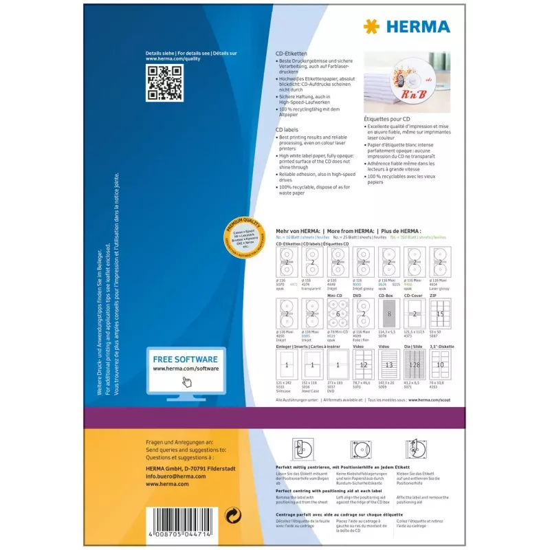 Etiquetas para CD HERMA A4 Ø 116 mm papel branco mate opaco 200 unid.