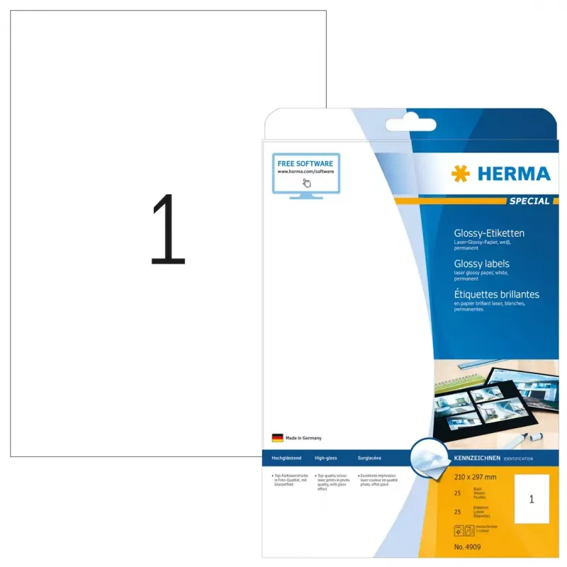 Etiqueta de impressora autoadesiva HERMA Labels A4 210x297 mm branco papel brilhante 25 unid.