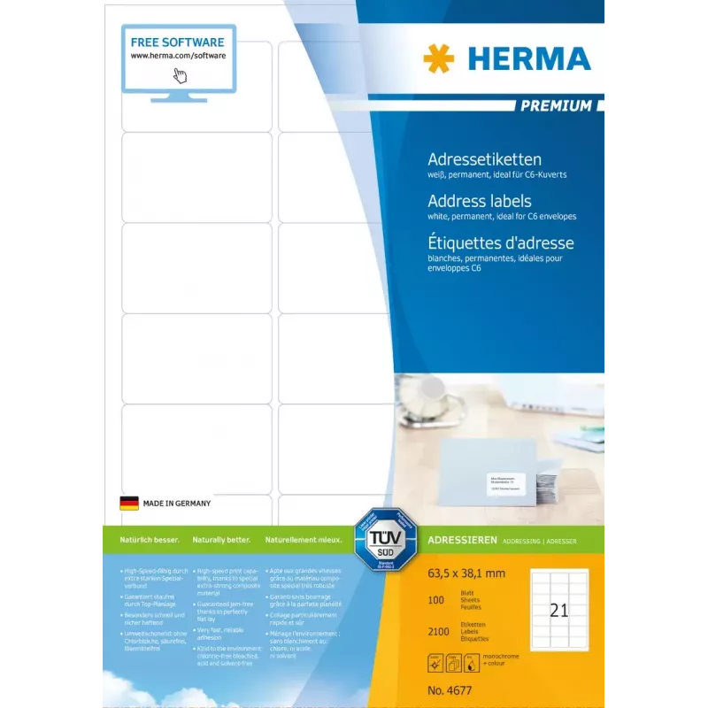 Etiquetas de endereço HERMA Premium A4 63,5x38,1 mm 2100 unid.