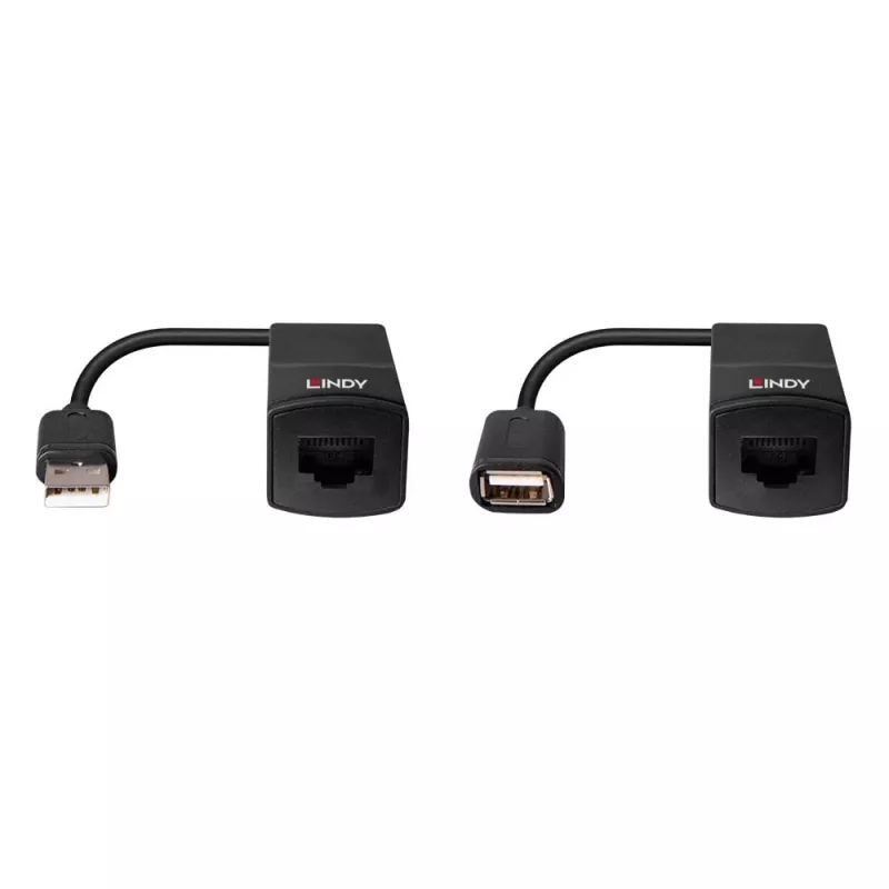 Extensor Lindy 60m USB 1.1 Cat.6 Basic, transmissor e recetor de rede, 60 m, 12 Mbit/s, Cat5e, Cat6, preto, plástico