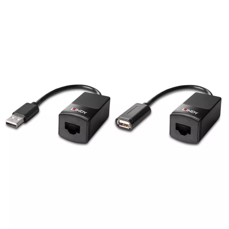 Extensor Lindy 60m USB 1.1 Cat.6 Basic, transmissor e recetor de rede, 60 m, 12 Mbit/s, Cat5e, Cat6, preto, plástico
