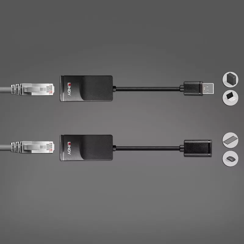Extensor Lindy 60m USB 1.1 Cat.6 Basic, transmissor e recetor de rede, 60 m, 12 Mbit/s, Cat5e, Cat6, preto, plástico