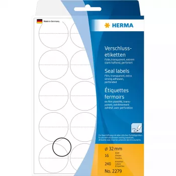 Etiquetas de selo perfuradas HERMA 2279 Ø 32 mm redondas transparente extra aderentes película mate