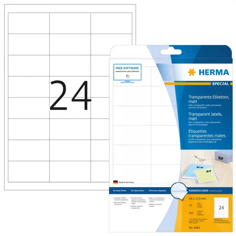Etiquetas de impressora autoadesivas HERMA Labels transparente mate A4 66x33,8 mm película 600 unid.