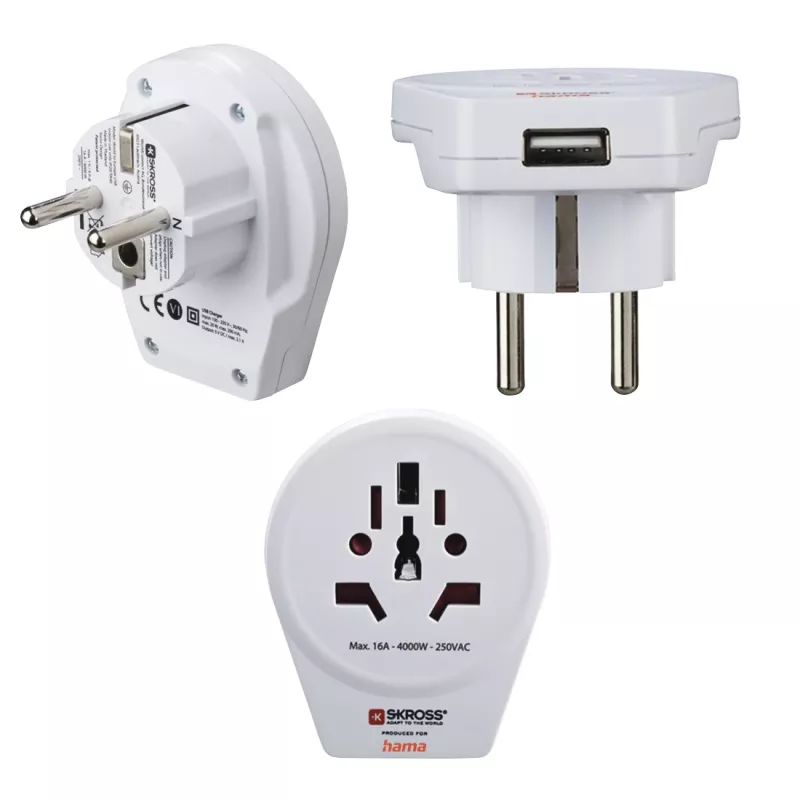 Adaptador de ficha USB Hama mundo-para-europa universal branco