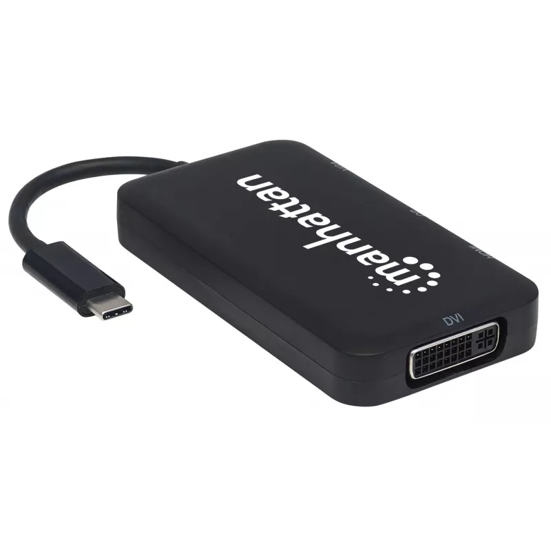 Dock/Hub USB-C Manhattan, ligações (x4): DisplayPort, DVI-I, HDMI ou VGA, Nota: Só pode ser utilizada uma ligação de cada vez, não requer fonte de alimentação externa, universal para todos os dispositivos, cabo 8 cm, Preto, três anos de garantia