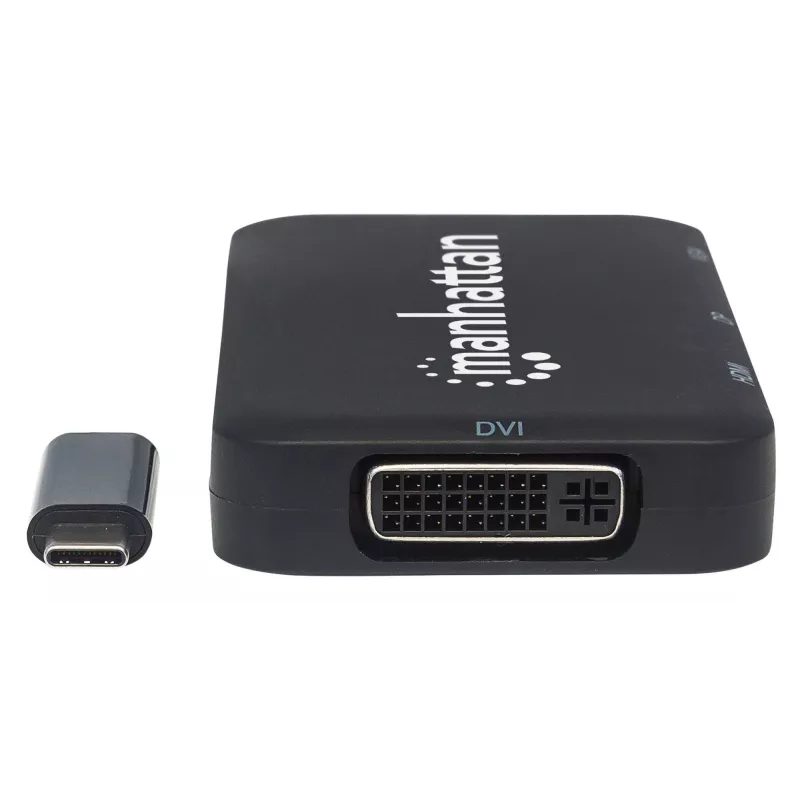 Dock/Hub USB-C Manhattan, ligações (x4): DisplayPort, DVI-I, HDMI ou VGA, Nota: Só pode ser utilizada uma ligação de cada vez, não requer fonte de alimentação externa, universal para todos os dispositivos, cabo 8 cm, Preto, três anos de garantia