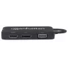 Dock/Hub USB-C Manhattan, ligações (x4): DisplayPort, DVI-I, HDMI ou VGA, Nota: Só pode ser utilizada uma ligação de cada vez, não requer fonte de alimentação externa, universal para todos os dispositivos, cabo 8 cm, Preto, três anos de garantia