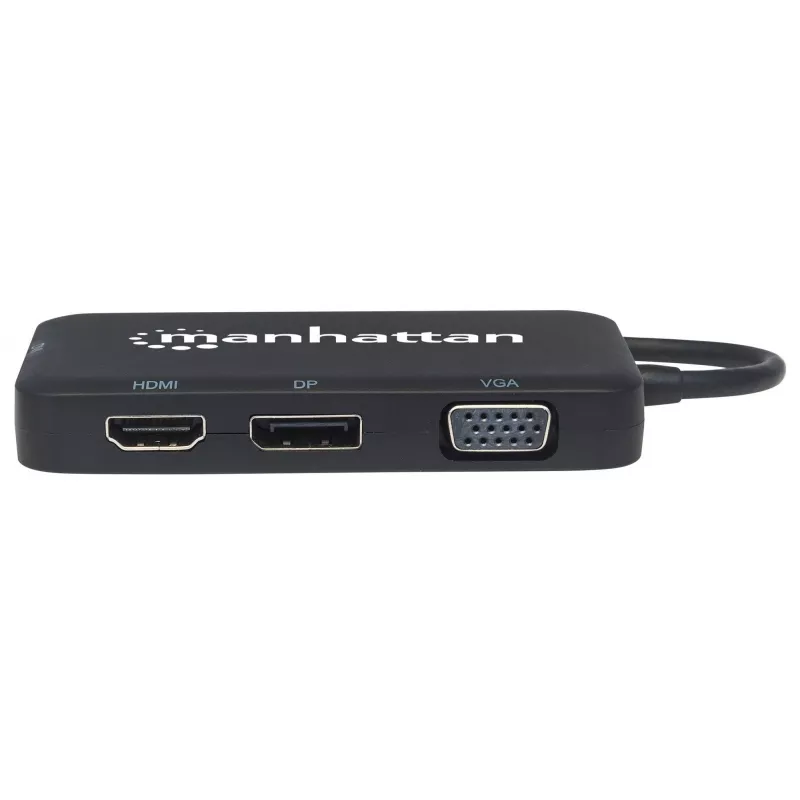 Dock/Hub USB-C Manhattan, ligações (x4): DisplayPort, DVI-I, HDMI ou VGA, Nota: Só pode ser utilizada uma ligação de cada vez, não requer fonte de alimentação externa, universal para todos os dispositivos, cabo 8 cm, Preto, três anos de garantia