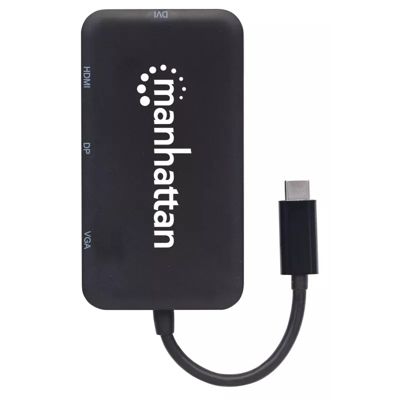 Dock/Hub USB-C Manhattan, ligações (x4): DisplayPort, DVI-I, HDMI ou VGA, Nota: Só pode ser utilizada uma ligação de cada vez, não requer fonte de alimentação externa, universal para todos os dispositivos, cabo 8 cm, Preto, três anos de garantia