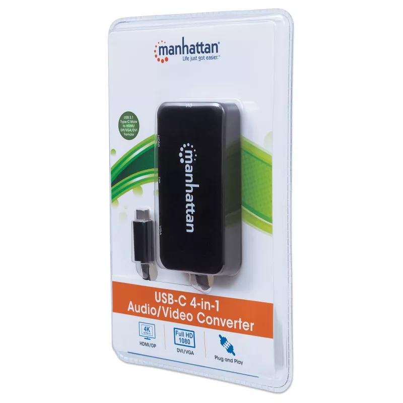 Dock/Hub USB-C Manhattan, ligações (x4): DisplayPort, DVI-I, HDMI ou VGA, Nota: Só pode ser utilizada uma ligação de cada vez, não requer fonte de alimentação externa, universal para todos os dispositivos, cabo 8 cm, Preto, três anos de garantia