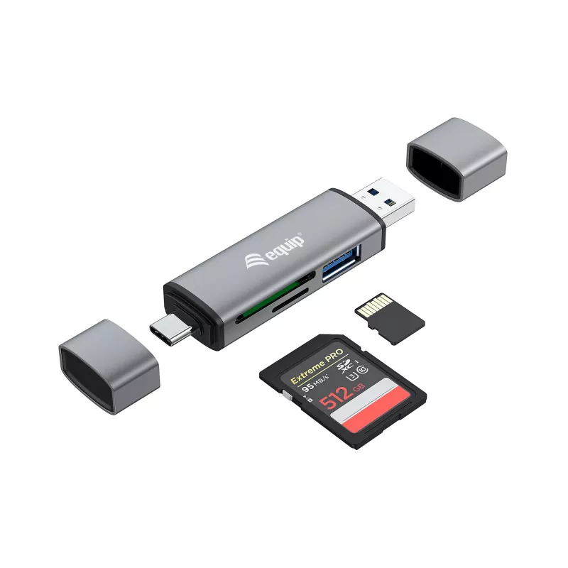 Leitor de cartões Equip com Hub USB 3.0, OTG, MicroSD (TransFlash), MicroSDHC, SD, SDHC, Cinzento, CE & RoHS, USB 3.2 Gen 1 (3.1 Gen 1) Type-A/Type-C, 202 mm, 12 mm