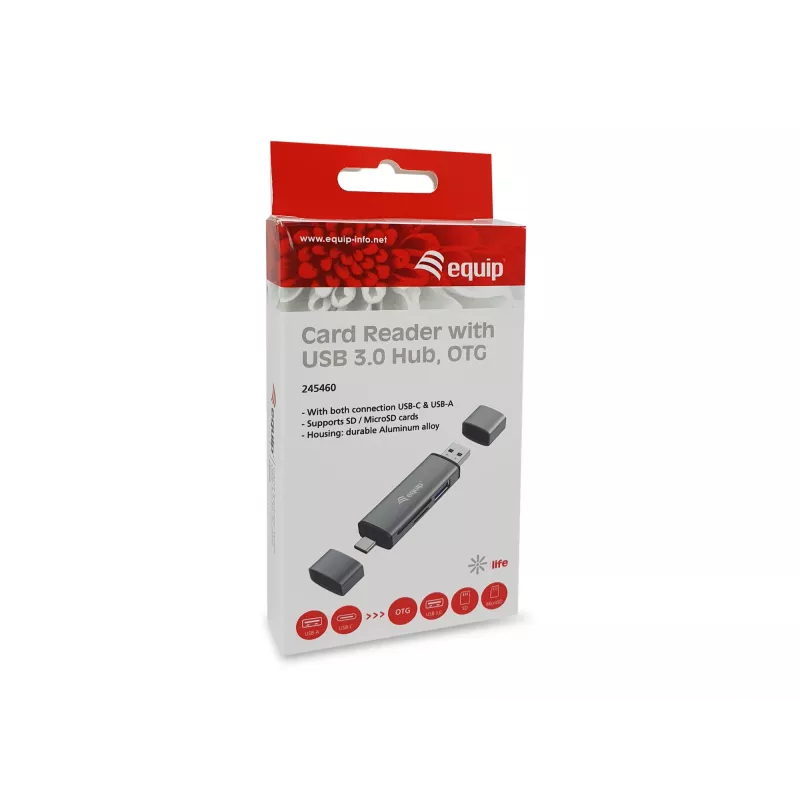 Leitor de cartões Equip com Hub USB 3.0, OTG, MicroSD (TransFlash), MicroSDHC, SD, SDHC, Cinzento, CE & RoHS, USB 3.2 Gen 1 (3.1 Gen 1) Type-A/Type-C, 202 mm, 12 mm