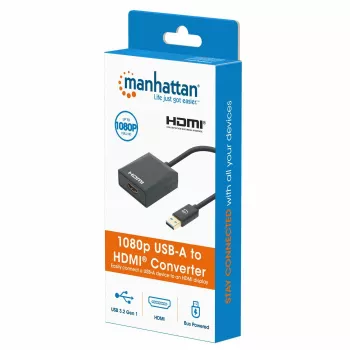 Cabo USB-A para HDMI Manhattan, 1080p@60Hz, Converte sinal USB 3.2 Gen1 (também conhecido como USB 3.0) em HDMI, 15 cm, Preto, Macho para fêmea, Três anos de garantia