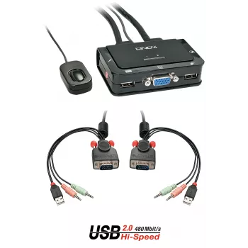 Lindy Comutador KVM VGA 2 portas, USB 2.0 e áudio, cabo