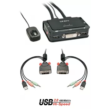 Lindy Comutador KVM Compact DVI-D Single Link 2 portas, USB 2.0 e áudio