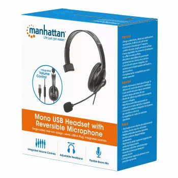 Manhattan Headset Mono Over-Ear (USB), braço do microfone reversível (acolchoado), embalagem retail, controlo de volume/silenciar em linha, almofada auricular acolchoada, USB-A para áudio e microfone, cabo 2 m, três anos de garantia
