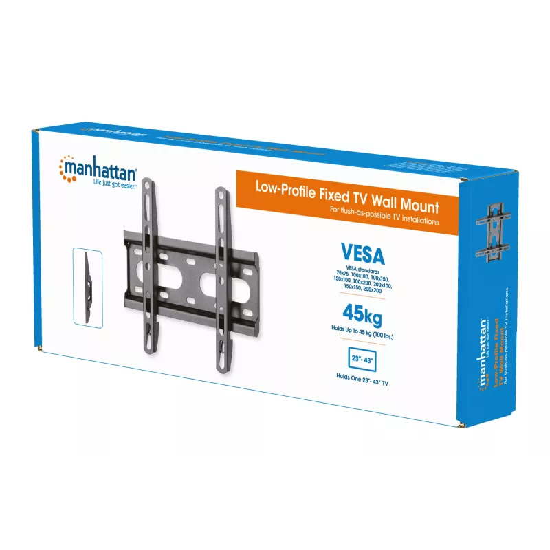 Manhattan Suporte de parede para TV e monitores (fixo, ultraplano), para ecrãs de 23 polegadas a 42 polegadas, compatibilidade VESA: todos entre 75 x 75 mm e 200 x 200 mm – verifique as dimensões dos quatro orifícios de fixação na parte traseira do ecrã para garantir que encaixa, máx. 45 kg, preto, suporte