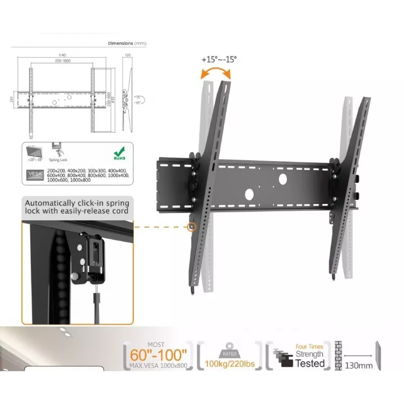 Suporte de parede inclinável para TV curva Equip 60-100 polegadas