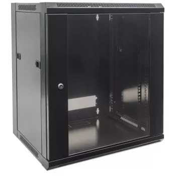 Armário de rede Intellinet 19 polegadas - montagem na parede (standard), 12HE, 600 mm de profundidade, preto, desmontado, máx. 60 kg, também adequado para colocação em mesa ou no chão, profundidade útil 410 mm, porta metálica e de vidro, painel traseiro, paredes laterais removíveis, peças de montagem na parede (por exemplo, parafusos/buchas) não incluídas