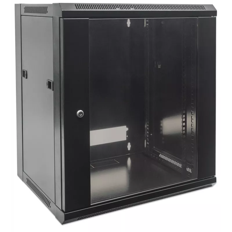 Armário de rede Intellinet 19 polegadas - montagem na parede (standard), 12HE, 600 mm de profundidade, preto, desmontado, máx. 60 kg, também adequado para colocação em mesa ou no chão, profundidade útil 410 mm, porta metálica e de vidro, painel traseiro, paredes laterais removíveis, peças de montagem na parede (por exemplo, parafusos/buchas) não incluídas