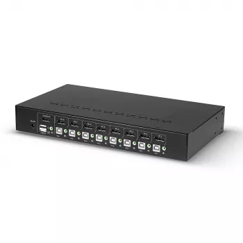 Comutador KVM Lindy 8 portas DisplayPort 1.2, USB 2.0 e áudio, 3840 x 2160 píxeis, 4K Ultra HD, montagem em rack, 1U, preto