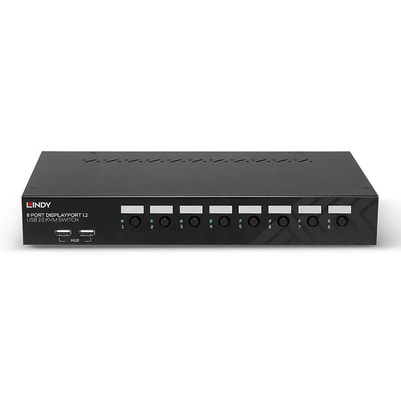 Lindy 39540 comutador KVM de 8 portas DisplayPort 1.2, USB 2.0 e áudio, 1 utilizador local, montável em rack, preto