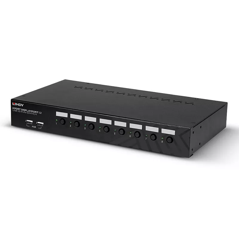 Lindy 39540 comutador KVM de 8 portas DisplayPort 1.2, USB 2.0 e áudio, 1 utilizador local, montável em rack, preto
