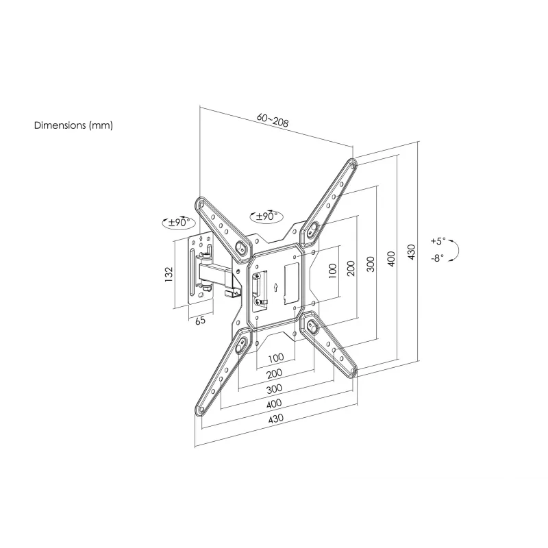 Suporte de parede para TV Equip 23-55 polegadas Full-Motion, 100 x 100 mm, 400 x 400 mm, -8 - 5°, -90 - 90°, aço inoxidável, preto