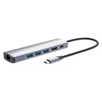 Dock/Hub USB-C Manhattan, ligações (x6): Ethernet, HDMI, USB-A (x3) e USB-C, com Power Delivery (PD) 100W – requer carregador USB-C externo (não incluído). Alimentado por USB (sem fonte de alimentação externa necessária), quando o PD não é utilizado