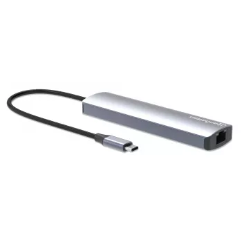 Dock/Hub USB-C Manhattan, ligações (x6): Ethernet, HDMI, USB-A (x3) e USB-C, com Power Delivery (PD) 100W – requer carregador USB-C externo (não incluído). Alimentado por USB (sem fonte de alimentação externa necessária), quando o PD não é utilizado
