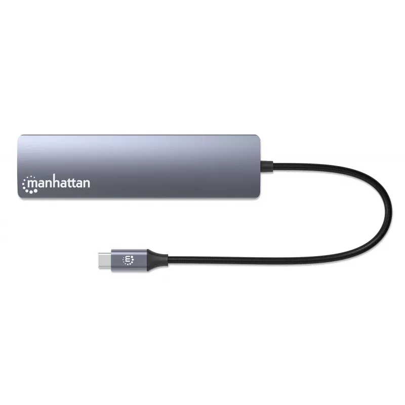 Dock/Hub USB-C Manhattan, ligações (x6): Ethernet, HDMI, USB-A (x3) e USB-C, com Power Delivery (PD) 100W – requer carregador USB-C externo (não incluído). Alimentado por USB (sem fonte de alimentação externa necessária), quando o PD não é utilizado
