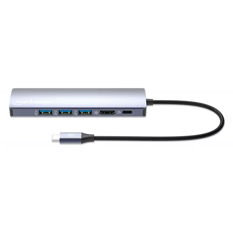 Dock/Hub USB-C Manhattan, ligações (x6): Ethernet, HDMI, USB-A (x3) e USB-C, com Power Delivery (PD) 100W – requer carregador USB-C externo (não incluído). Alimentado por USB (sem fonte de alimentação externa necessária), quando o PD não é utilizado