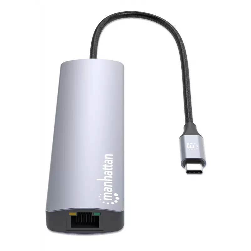 Dock/Hub USB-C Manhattan, ligações (x6): Ethernet, HDMI, USB-A (x3) e USB-C, com Power Delivery (PD) 100W – requer carregador USB-C externo (não incluído). Alimentado por USB (sem fonte de alimentação externa necessária), quando o PD não é utilizado