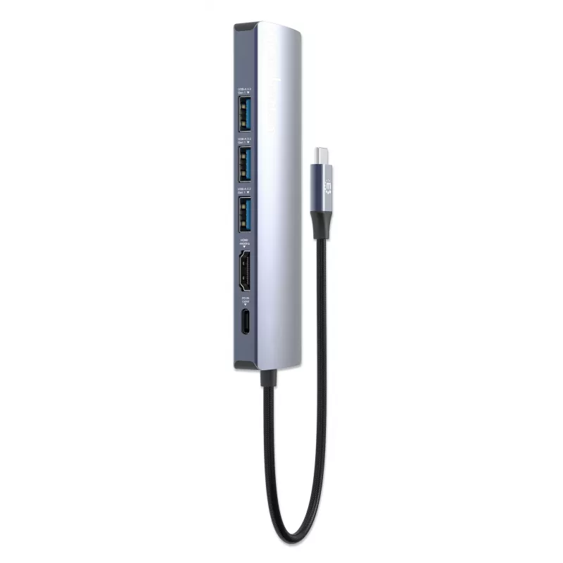 Dock/Hub USB-C Manhattan, ligações (x6): Ethernet, HDMI, USB-A (x3) e USB-C, com Power Delivery (PD) 100W – requer carregador USB-C externo (não incluído). Alimentado por USB (sem fonte de alimentação externa necessária), quando o PD não é utilizado