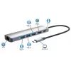 Dock/Hub USB-C Manhattan, ligações (x6): Ethernet, HDMI, USB-A (x3) e USB-C, com Power Delivery (PD) 100W – requer carregador USB-C externo (não incluído). Alimentado por USB (sem fonte de alimentação externa necessária), quando o PD não é utilizado